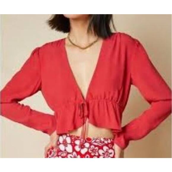 Aritzia Sunday Best Kimberly Cropped Tie Front Blouse Red Women's Size Medium - Picture 1 of 11